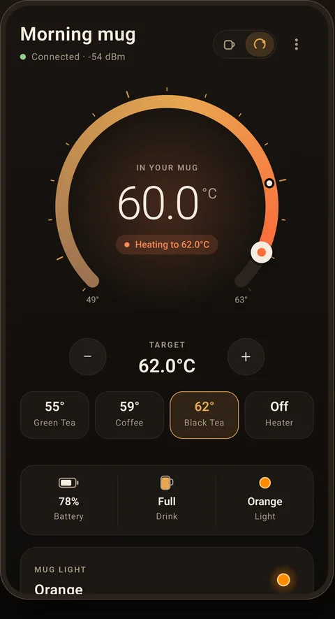 MugForge dial view: drink at 60.0°C, heating to a 62°C target.