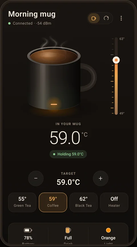 MugForge mug view: drink at 59.0°C with a 59°C target and temperature presets.